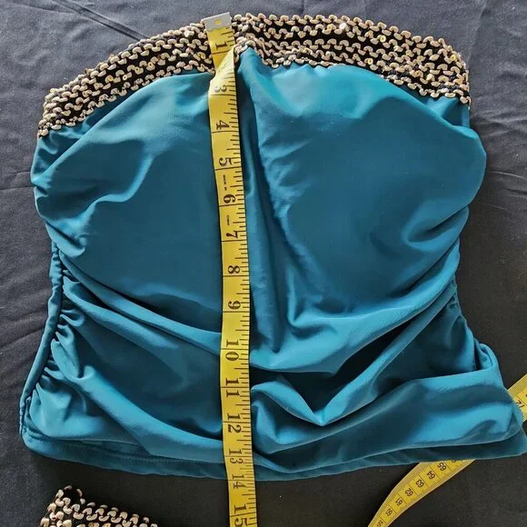 Medium Strapless Bandeau Tankini Swimsuit Set Teal Blue Ruched 2-Piece NWOT - Picture 8 of 10